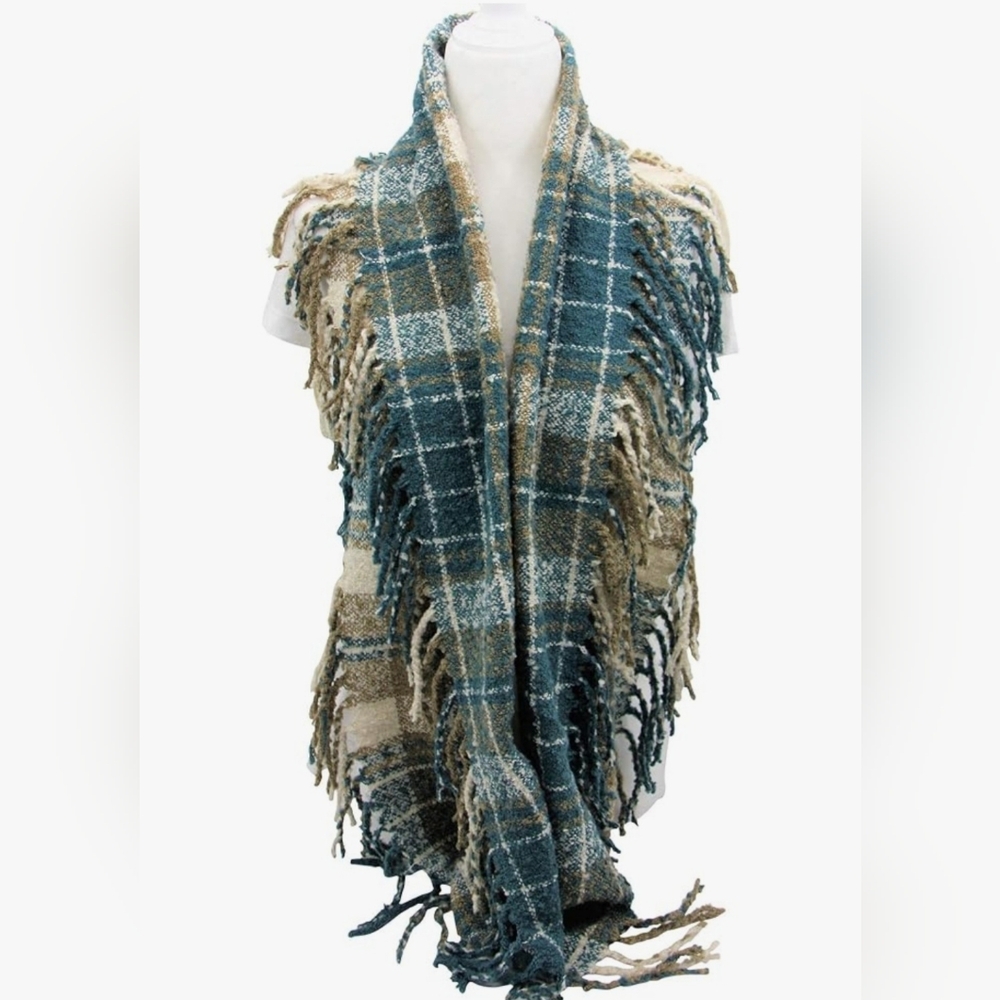Cozy Blue and Tan Plaid Fringe Infinity Scarf